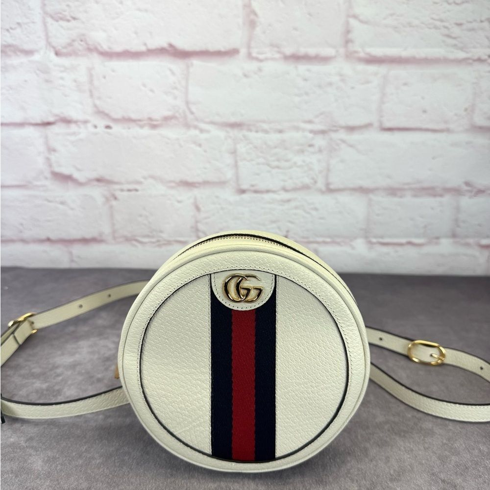 Gucci Textured Calfskin Web Mini Ophidia Round Backpack Mystic White